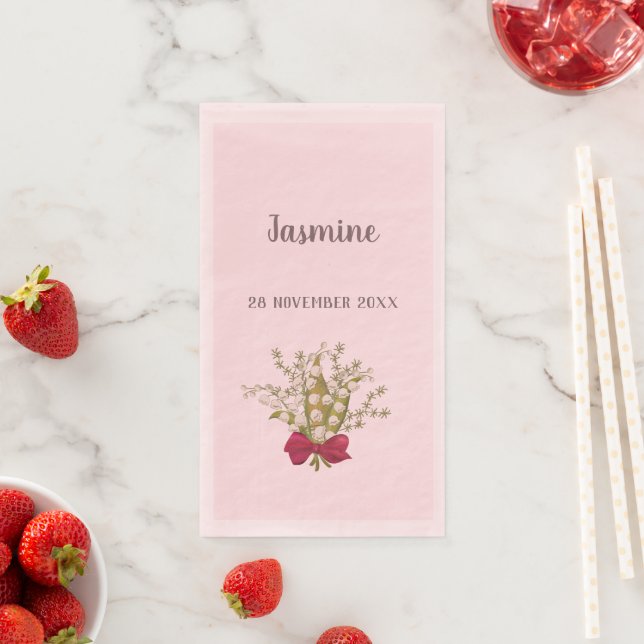 Lily of the valey personalize name and date pink paper guest towels (Insitu)