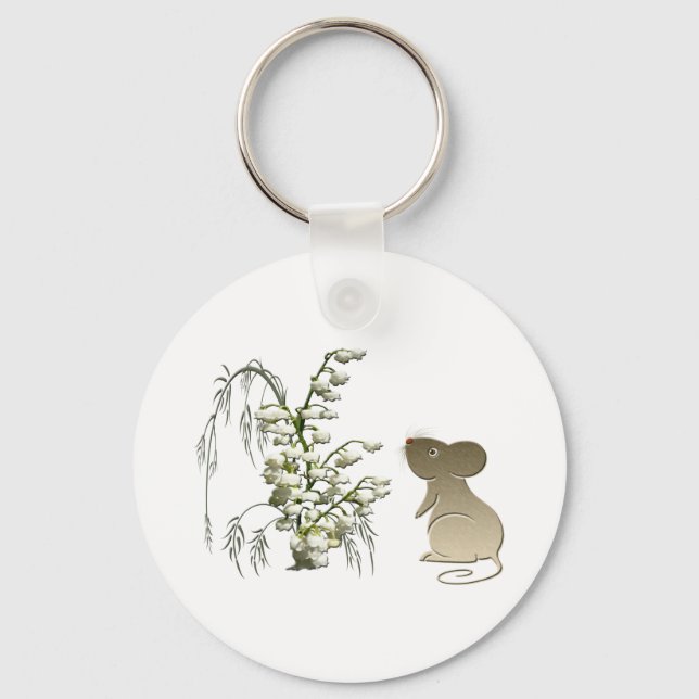 Lily of the Valley and Cute Mouse art Keychain (Front)