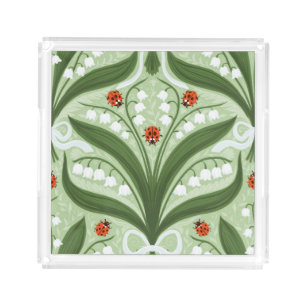 Lily of the valley and ladybugs symmetry in green, acrylic tray