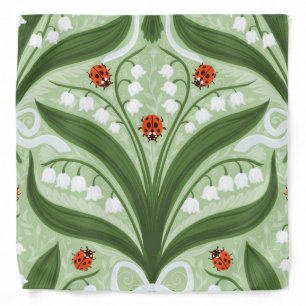 Lily of the valley and ladybugs symmetry in green, bandana