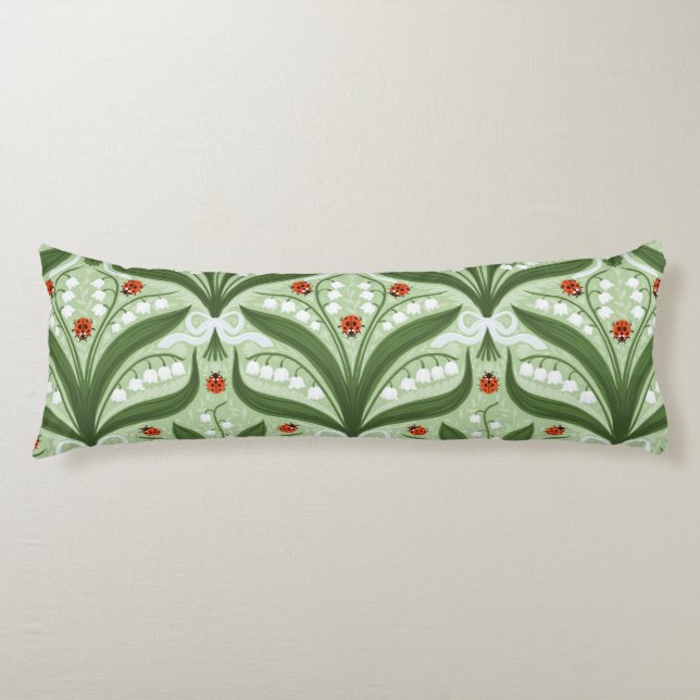 Lily of the valley and ladybugs symmetry in green, body pillow (Front)