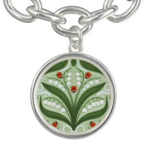 Lily of the valley and ladybugs symmetry in green, bracelet