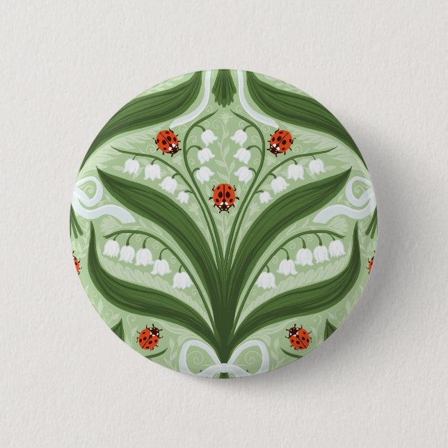 Lily of the valley and ladybugs symmetry in green, button (Front)