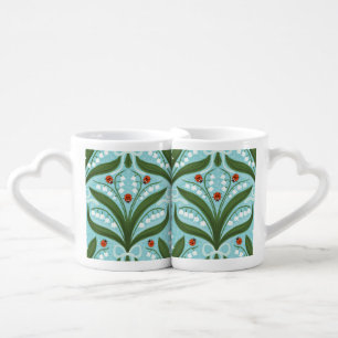 Lily of the valley and ladybugs symmetry in green, coffee mug set