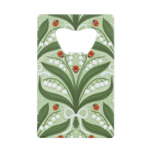 Lily of the valley and ladybugs symmetry in green, credit card bottle opener