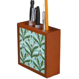 Lily of the valley and ladybugs symmetry in green, desk organizer