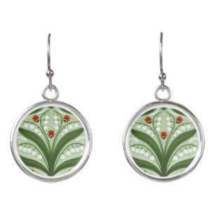 Lily of the valley and ladybugs symmetry in green, earrings