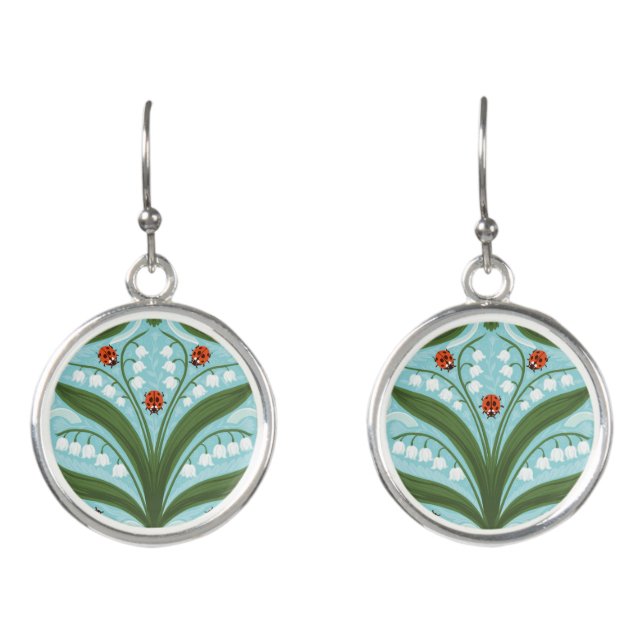 Lily of the valley and ladybugs symmetry in green, earrings (Front)