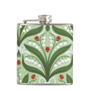 Lily of the valley and ladybugs symmetry in green, flask