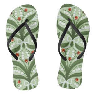 Lily of the valley and ladybugs symmetry in green, flip flops