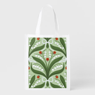 Lily of the valley and ladybugs symmetry in green, grocery bag
