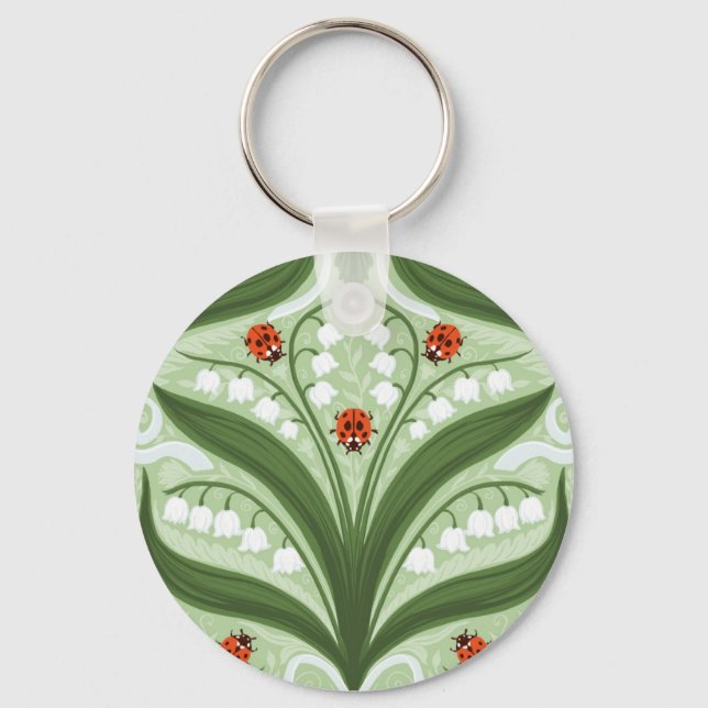 Lily of the valley and ladybugs symmetry in green, keychain (Front)