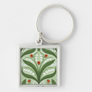 Lily of the valley and ladybugs symmetry in green, keychain