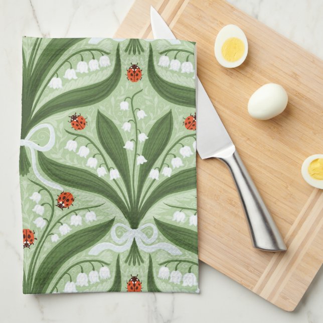 Lily of the valley and ladybugs symmetry in green, kitchen towel (Quarter Fold)