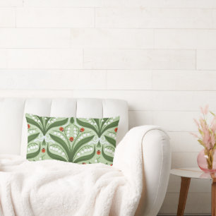 Lily of the valley and ladybugs symmetry in green, lumbar pillow