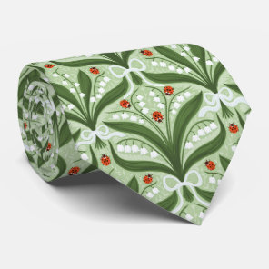 Lily of the valley and ladybugs symmetry in green, neck tie
