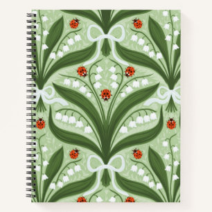 Lily of the valley and ladybugs symmetry in green, notebook
