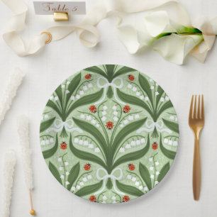 Lily of the valley and ladybugs symmetry in green, paper plates