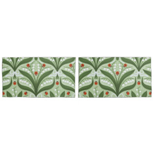 Lily of the valley and ladybugs symmetry in green, pillow case