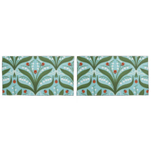 Lily of the valley and ladybugs symmetry in green, pillow case