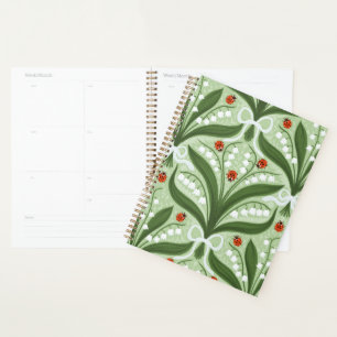Lily of the valley and ladybugs symmetry in green, planner