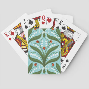 Lily of the valley and ladybugs symmetry in green, poker cards