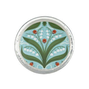 Lily of the valley and ladybugs symmetry in green, ring