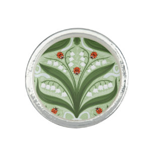 Lily of the valley and ladybugs symmetry in green, ring