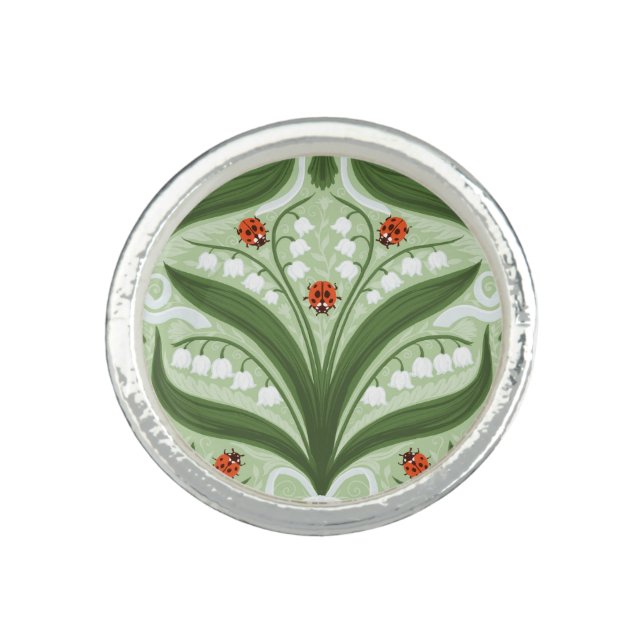 Lily of the valley and ladybugs symmetry in green, ring (Front)