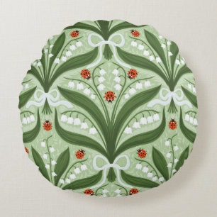 Lily of the valley and ladybugs symmetry in green, round pillow