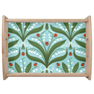 Lily of the valley and ladybugs symmetry in green, serving tray