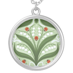 Lily of the valley and ladybugs symmetry in green, silver plated necklace