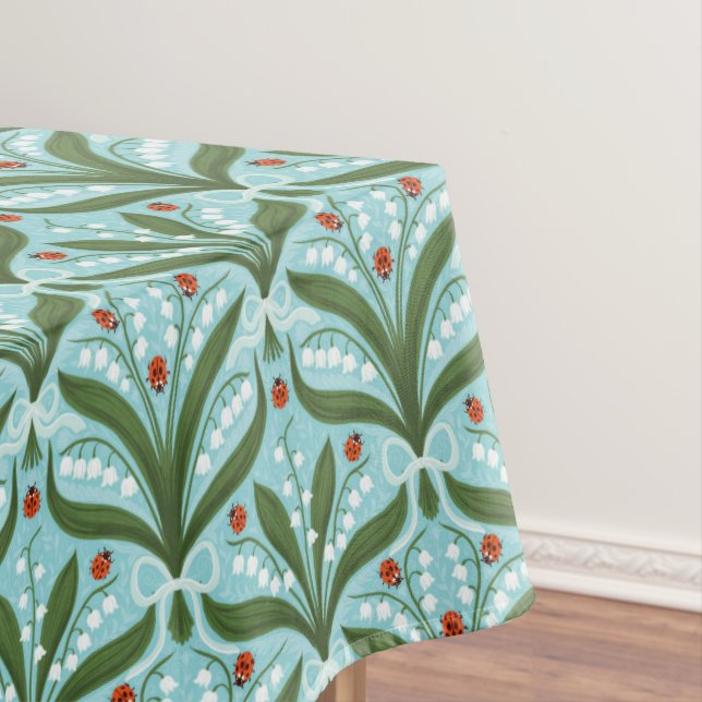 Lily of the valley and ladybugs symmetry in green, tablecloth (In Situ)