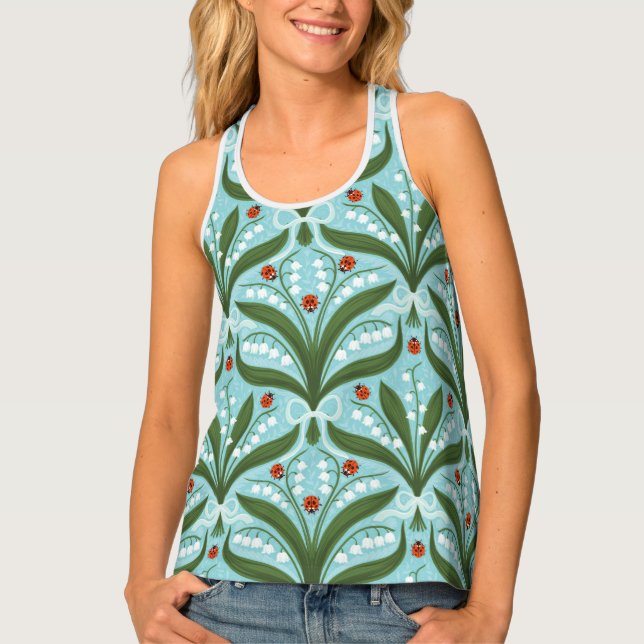 Lily of the valley and ladybugs symmetry in green, tank top (Front)
