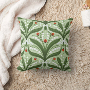 Lily of the valley and ladybugs symmetry in green, throw pillow