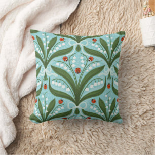 Lily of the valley and ladybugs symmetry in green, throw pillow