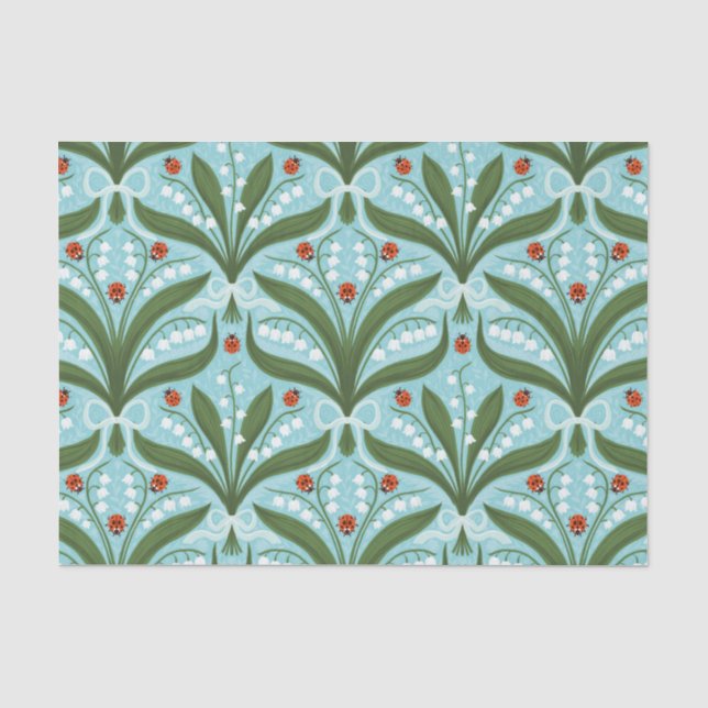 Lily of the valley and ladybugs symmetry in green, tissue paper (Front)