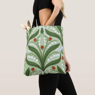 Lily of the valley and ladybugs symmetry in green, tote bag