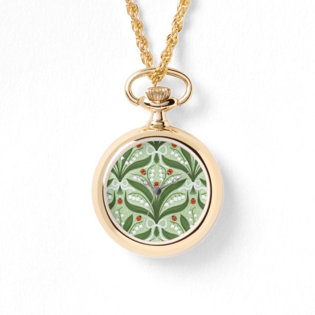 Lily of the valley and ladybugs symmetry in green, watch (Front)