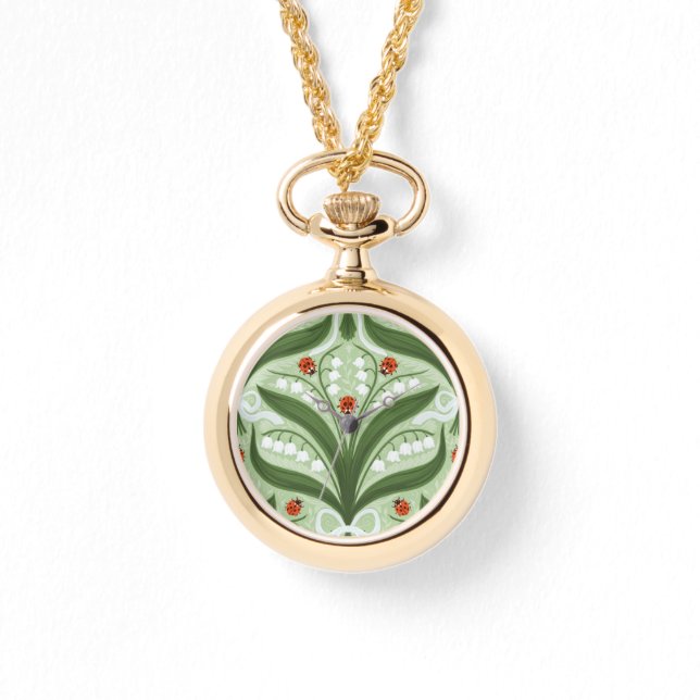 Lily of the valley and ladybugs symmetry in green, watch (Front)