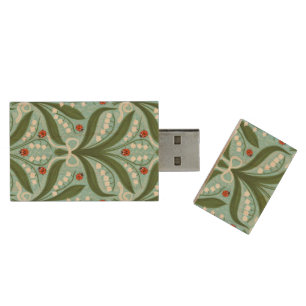 Lily of the valley and ladybugs symmetry in green, wood flash drive