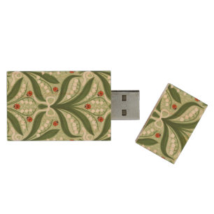 Lily of the valley and ladybugs symmetry in green, wood flash drive