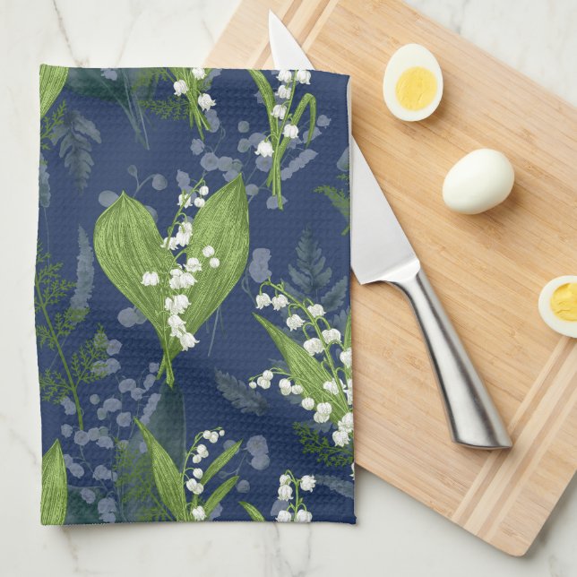 Lily of the Valley Dark Blue Background Kitchen Towel (Quarter Fold)
