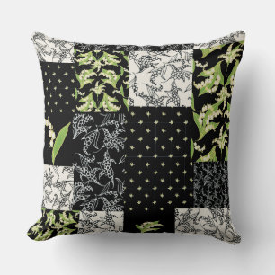 Lily-of-the-Valley Faux Patchwork on Black Throw Pillow