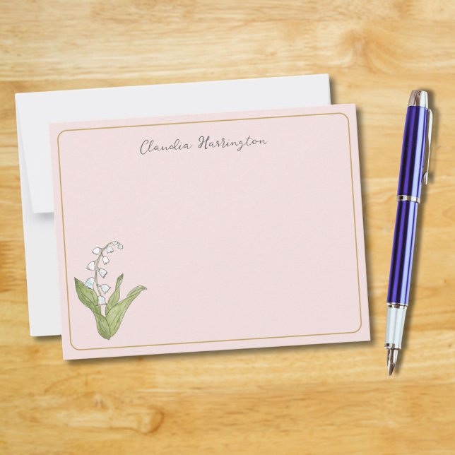Lily of the Valley Floral Botanical Girly Pink Note Card (A girly pink background and my hand-painted Lily of the Valley make this flat card charming.)