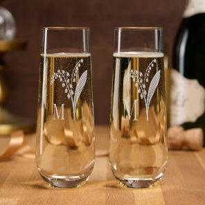 Lily of the Valley Floral Bouquet Monogrammed  Stemless Champagne Flute