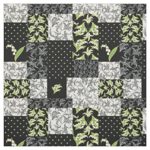 Lily-of-the-Valley Floral Faux Patchwork Black Fabric