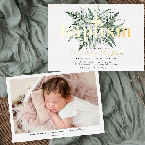 Lily of the Valley  Floral Gold Baptism Photo Foil Invitation