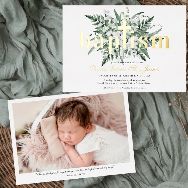 Lily of the Valley | Floral Gold Baptism Photo Foil Invitation (Creator Uploaded)
