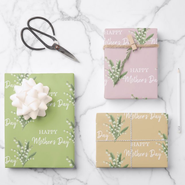 Lily of the Valley Floral Happy Mothers Day Wrapping Paper Sheets (Front)